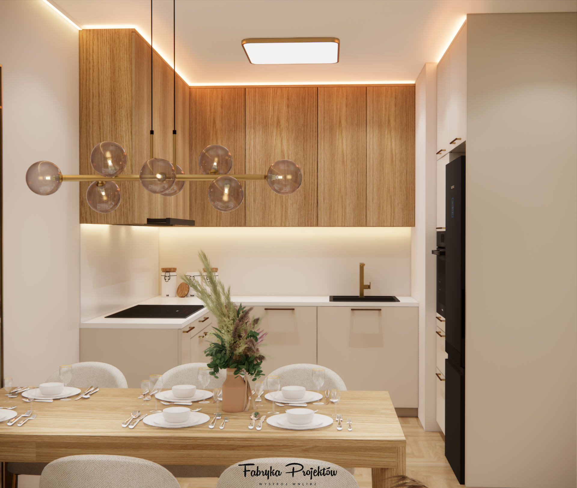 Zbliżenie na kuchnię: górne drewniane szafki, czarny zlew i złota bateria.